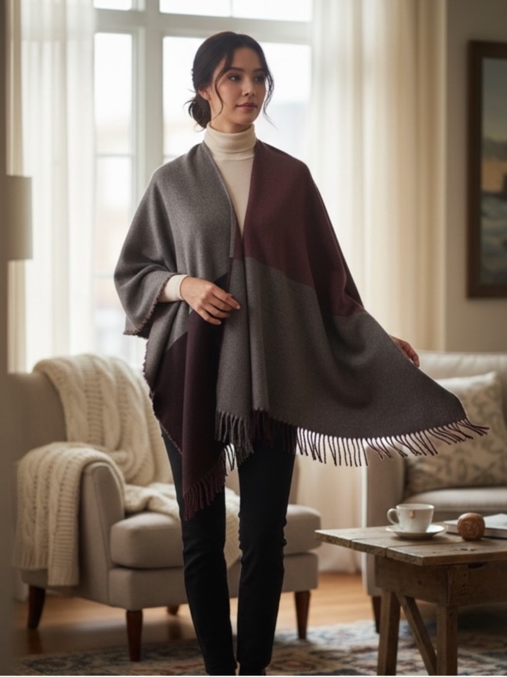 Love & Lore NWT color block bohemian wrap poncho shawl warm cozy layering knit